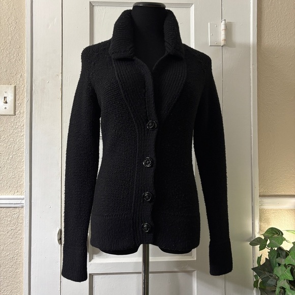 Anthropologie Moth Black Knit Wide Collar Form Fitting Sweater Jacket Cardigan - Picture 1 of 14